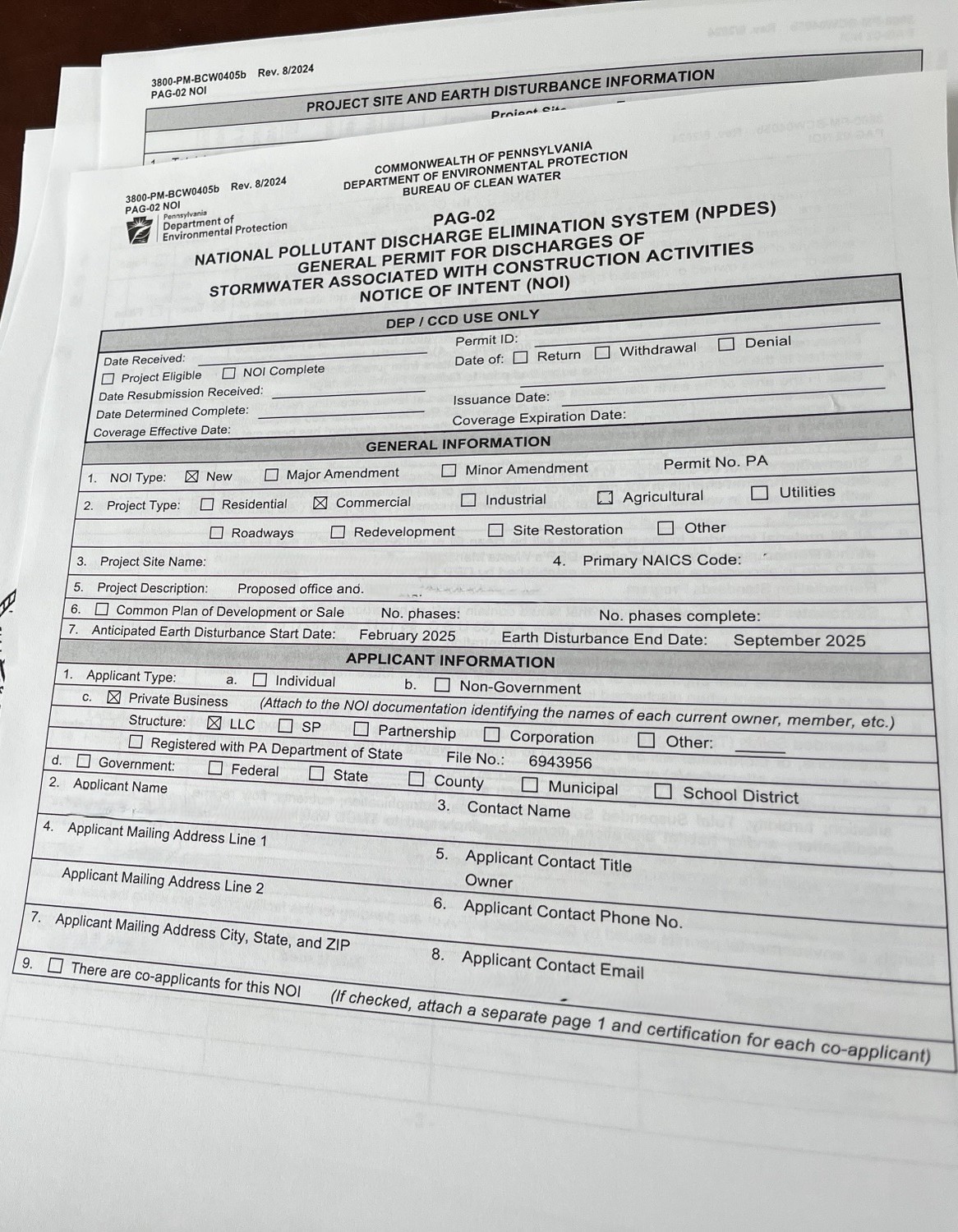 PA DEP stormwater discharge permit application paperwork