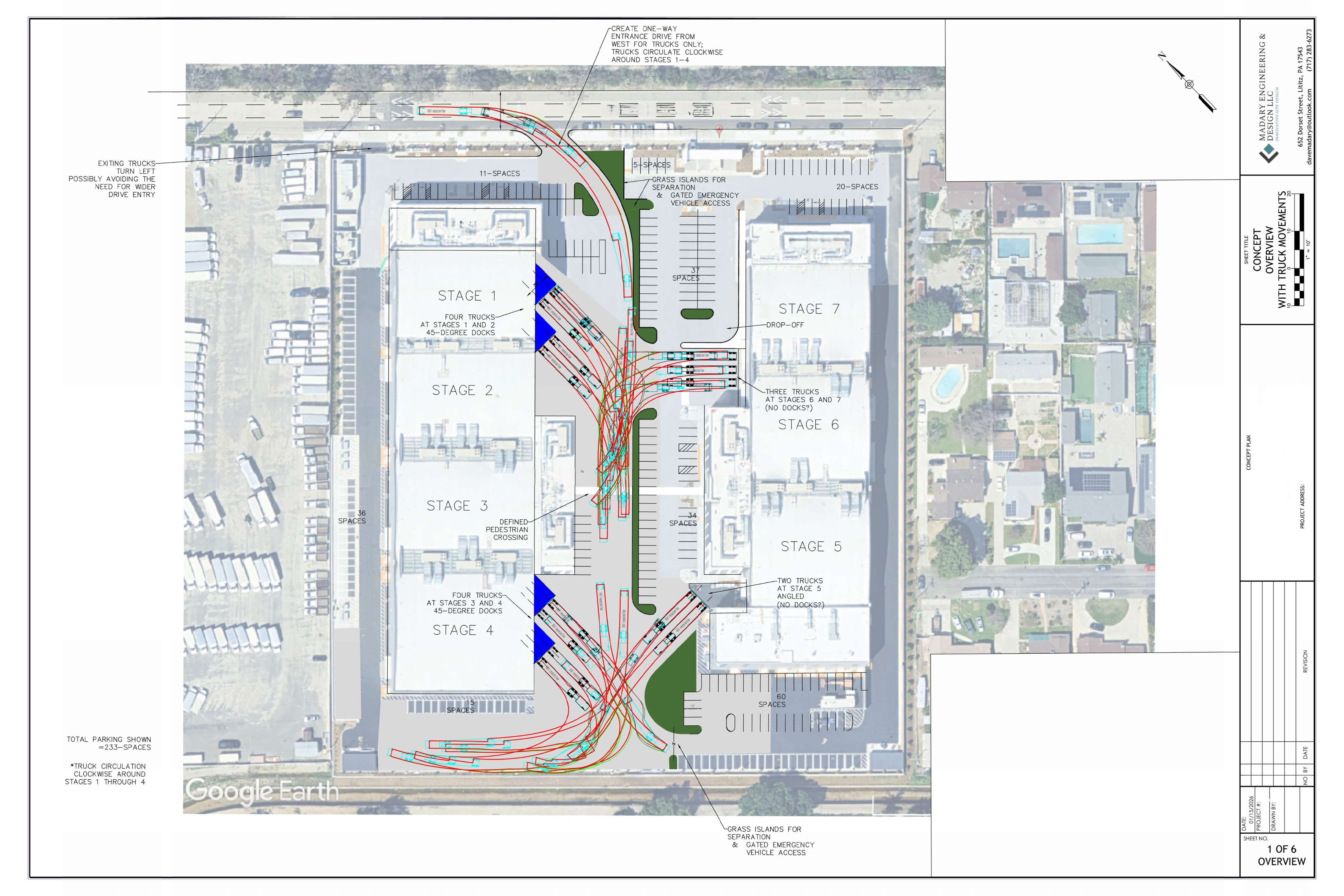 Aerial concept plan overlay showing proposed building layout and truck circulation
